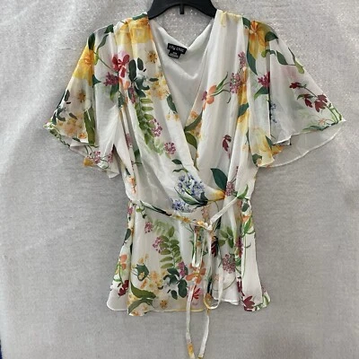 CITY CHIC Crossover Floral Chiffon Top Woman's XS/14 Elastic Waist Tie Flare - Image 1 of 4