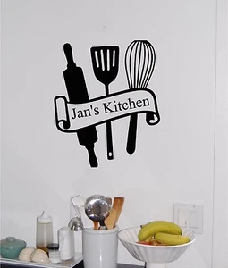 Calcomanía de pared de vinilo con nombre y utensilios de cocina personalizada decoración de pared - Imagen 1 de 1