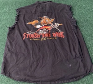 Vintage Sturgis Motorcycle Bike Week Cut Off Vest Button Shirt Men’s 3XL Black - Picture 1 of 7