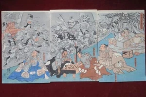 Utagawa Kuniyoshi Japan Woodblock Print Spider Extermination Playing go Triptych - Picture 1 of 6