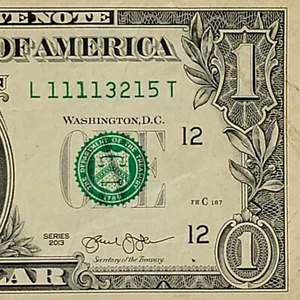 Billete de un dólar número de serie de lujo de cinco de una clase 1 L11113215T cuatro en fila 1 - Imagen 1 de 8