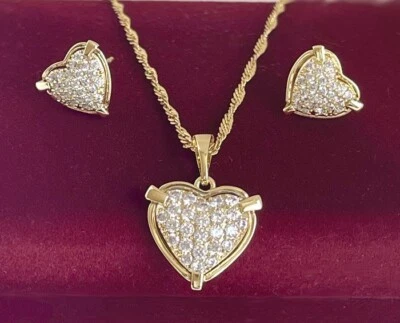 Edel Herz Schmuckset Collier Halskette Ohrringe Zirkonia 585 Gold 14K vergoldet - Bild 1 von 4