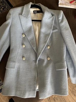 Zara Tweed Blue Double Breasted Blazer. Small - Image 1 of 4