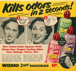 ¡El desodorante en aerosol Wizard 1952 mata los olores en 2 segundos! Anuncio impreso vintage - Imagen 1 de 1