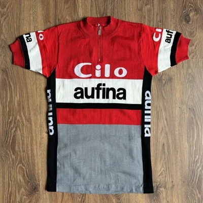 Camiseta deportiva de ciclismo vintage Cilo Aufina Santini S/M hecha en Italia mezcla de lana años 70 80 Foto 1 de 4