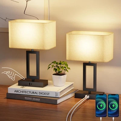 Bedside Lamp Set of 2, Table Lamp with USB C & A Charging Ports, 3 Way Dimmable - image 1 of 4
