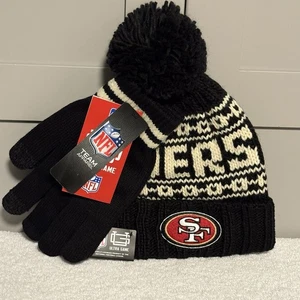 San Francisco 49 ers Beanie Hat Cap & Gloves Set Pom Black NFL Team Apparel NWT - Picture 1 of 11