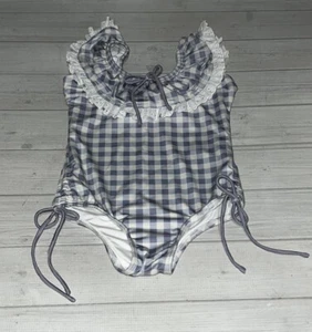 Well Dressed Wolf Wilding Ruffle One Piece Swimsuit Girls 5 Gingham Gray Lilac - Picture 1 of 11