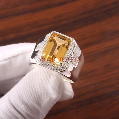 Piedras preciosas de citrino natural con anillo de plata enchapado en oro blanco de 14K para hombre #3592 Foto 1 de 4