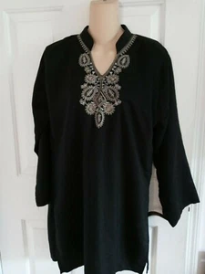 New Black Silver & Gold embroidered Trim V Neck Long Sleeve Tunic Top sz 7/8 - Picture 1 of 5