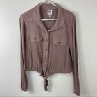 Self Esteem Juniors' Long-Sleeve Cropped Tie Top Brown Size Large Taupe NWT