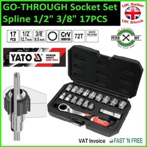 Set prese GO-THROUGH spline cricchetto 1/2"" 3/8"" doppio esagono 17 pz YATO YT-38653 - Foto 1 di 3
