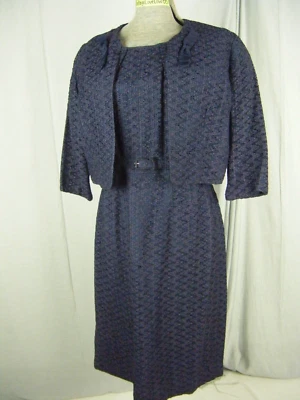 CAROL BRENT Vtg 60s Navy Blue Ribbon Woven Dress/Bow Jacket/Belt-Bust 37/XS-S - Image 1 of 4