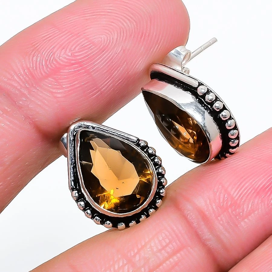 Brown Smoky Quartz Gemstone Handmade 925 Sterling Silver Jewelry Stud Earring - Image 1 of 1