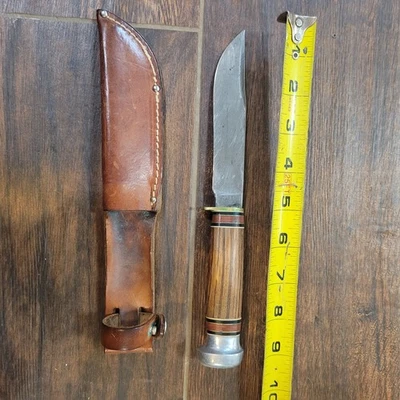 复古 Olson HC Mich. 美国狩猎刀。 状况良好。 Orig皮革护套 — 第 1/4 张图片