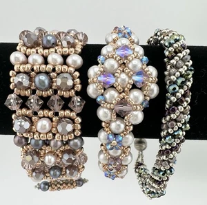 3 handgewebte Swarovski Kristalle und Süßwasserperlen Elemente Armbänder - Bild 1 von 9