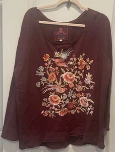 Johnny Was Burgundy Embroidered Sweatshirt Size XL - Picture 1 of 9