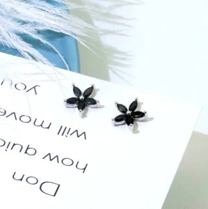 Pave Cubic Zirconia Sterling Silver Black Flower Daisy Stud Earrings - Picture 1 of 2