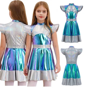 DE Kinder Mädchen Kleid Tanz Metallic Party Alien Cosplay Schule Kostüm Festzug - Picture 1 of 22