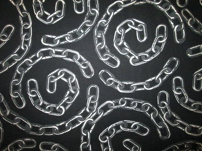 CHAINS LINKS METALLIC SILVER BLACK COTTON FABRIC FQ - Image 1 of 4