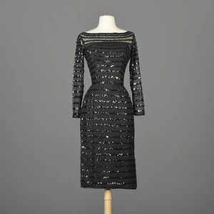 XXS Vintage 1960s 60s Ceil Chapman Long Sleeve Sequin Little Black Dress LBD - Picture 1 of 11