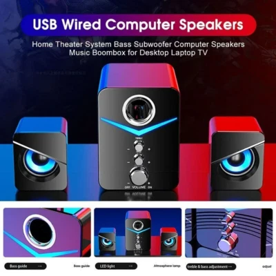 USB Computer Speakers System Stereo Bass Subwoofer LED for Desktop Laptop PC US - Image 1 of 4