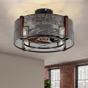 Caged Ceiling Fan with Lights and Remote, Small Farmhouse Low Profile Ceiling Fa - Picture 1 of 6