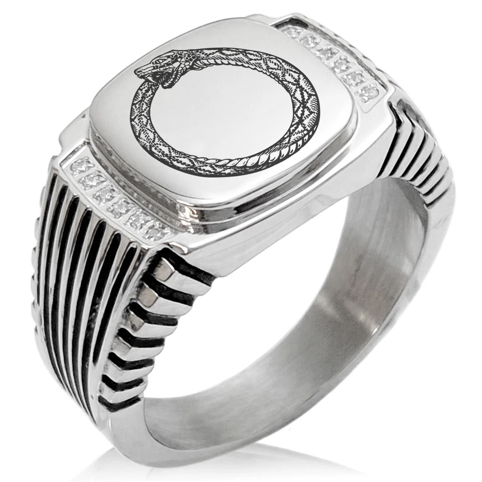 Stainless Steel Greek Mythology Ourobos Needle Striped CZ Biker Signet Ring - Image 1 of 1