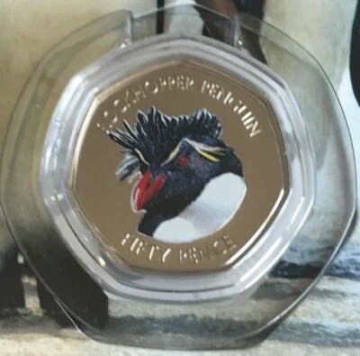 2018 FALKLAND ISLANDS PENGUIN ~ SOUTHERN ROCKHOPPER ~ COLOURED 50 PENCE BU BUNC - Image 1 of 3