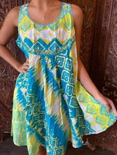 Boho Chic Tunic Dress Green Blue Tie Dye Sleeveless Handmade Cotton Kurti S 