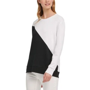 DKNY NEW Women's White/black Colorblocked French Terry Sweatshirt Top S TEDO - Picture 1 of 2