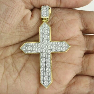 10K Yellow Gold 1.46 Ct Genuine Diamond Cluster Big Jesus Cross Charm Pendant - Picture 1 of 12