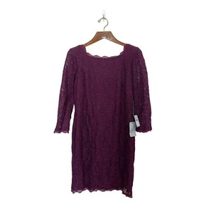 NWT Adrianna Papell Women’s Size 16 Purple V-Back 3/4 Sleeve Lace Sheath Dress - Picture 1 of 13