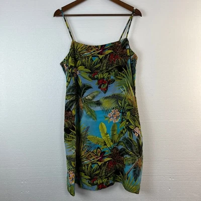 Ellen Tracy 懒人连衣裙女式 14 码热带棕榈叶 100% 真丝夏威夷复古 — 第 1/4 张图片