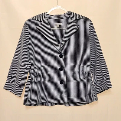 Blazer Joan Rivers Azul Marino Blanco Rayas Seersucker Manga 3/4 Ligero Para Mujer M Foto 1 de 4