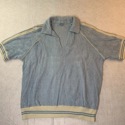 复古 70 年代 Britannia Terry 布 V 领衬衫 L 蓝色条纹复古香港 — 第 1/4 张图片