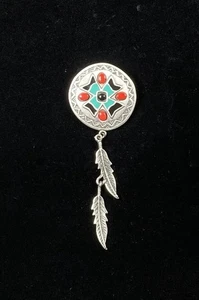 Vtg JJ Jonette Brooch Pin Southwestern Design Dream Catcher W/Dangle Feathers - Picture 1 of 10