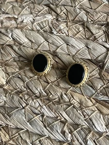 Pierced Yellow Gold Post Stud Black Onyx Stone Earrings - Picture 1 of 9