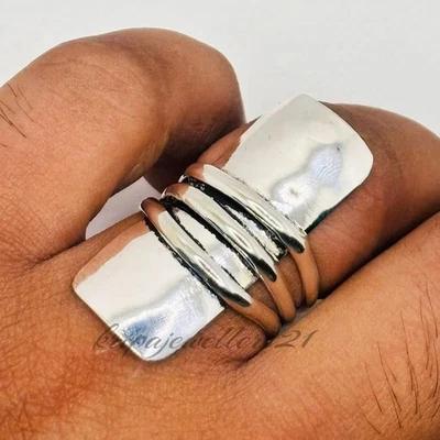 Silver long Statement Ring 925 Sterling Silver Ring Chunky Cigar Cuff Ring Gift - Image 1 of 4