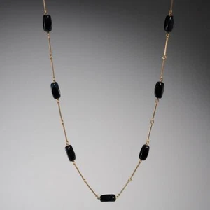 585 14K Gelbgold und schwarzer Stein Onyx? Perlenkette Halskette - Bild 1 von 5