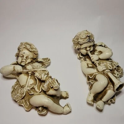 Garden Vintage Angel Cherub Music Figurine Wall Hanging Outdoor 10" Set of 2 - Image 1 of 4