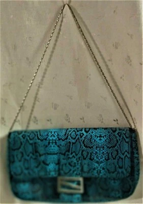 EUC Diane Gilman Silk Turquoise, Snake Print Handbag, Silver Chain Strap   - Image 1 of 4