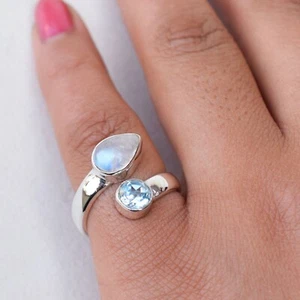 Natürlicher Mondstein & Blautopas Ring, verstellbarer Ring, Feinsilberring - NR034 - Bild 1 von 5