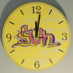 HANDPAINTED "SUN" 10" WALL CLOCK, 12 Hour Quartz Clock, Yellow, Silent - Picture 1 of 6