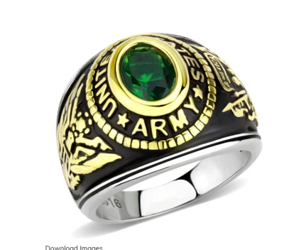 Para Hombres Ejército de EE. UU. IP Oro Acero Inoxidable Anillo Verde Ovalado Simulado Circonita Cúbica Piedra Foto 1 de 4