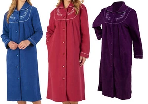 Slenderella Womens Button Up Dressing Gown Boucle Fleece Embroidered Housecoat - Picture 1 of 40