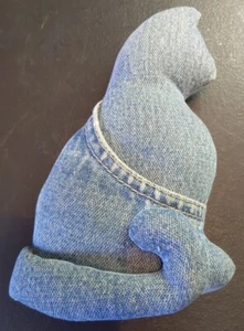Vintage 70er Denim Stofftier Katze Kissen Dekor Regal Sitter 5"x7" Stofftier Puppe Spielzeug - Bild 1 von 2