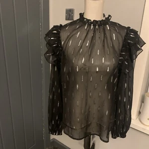 Ladies New With Tag Dressy Black High Neck Ruffle Blouse 12 New Look - Picture 1 of 8