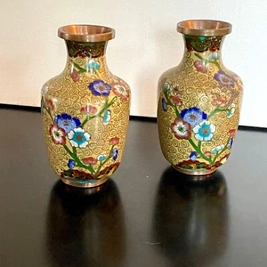 Set 2 -4" Cloisonné Multicolor Asian Enamel Copper Vases Distressed Surface - Picture 1 of 8