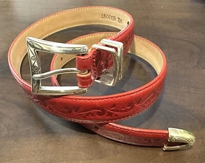 Brighton Womens Belt Red Tooled Leather M 30 # B0041 - Picture 1 of 14
